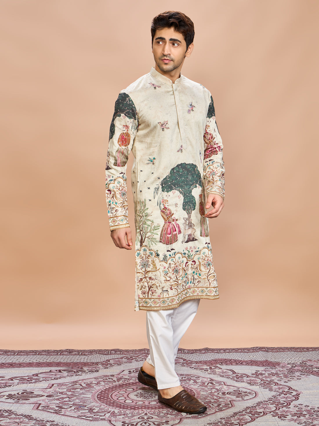 Cream Silk Embroidered Kurta Set