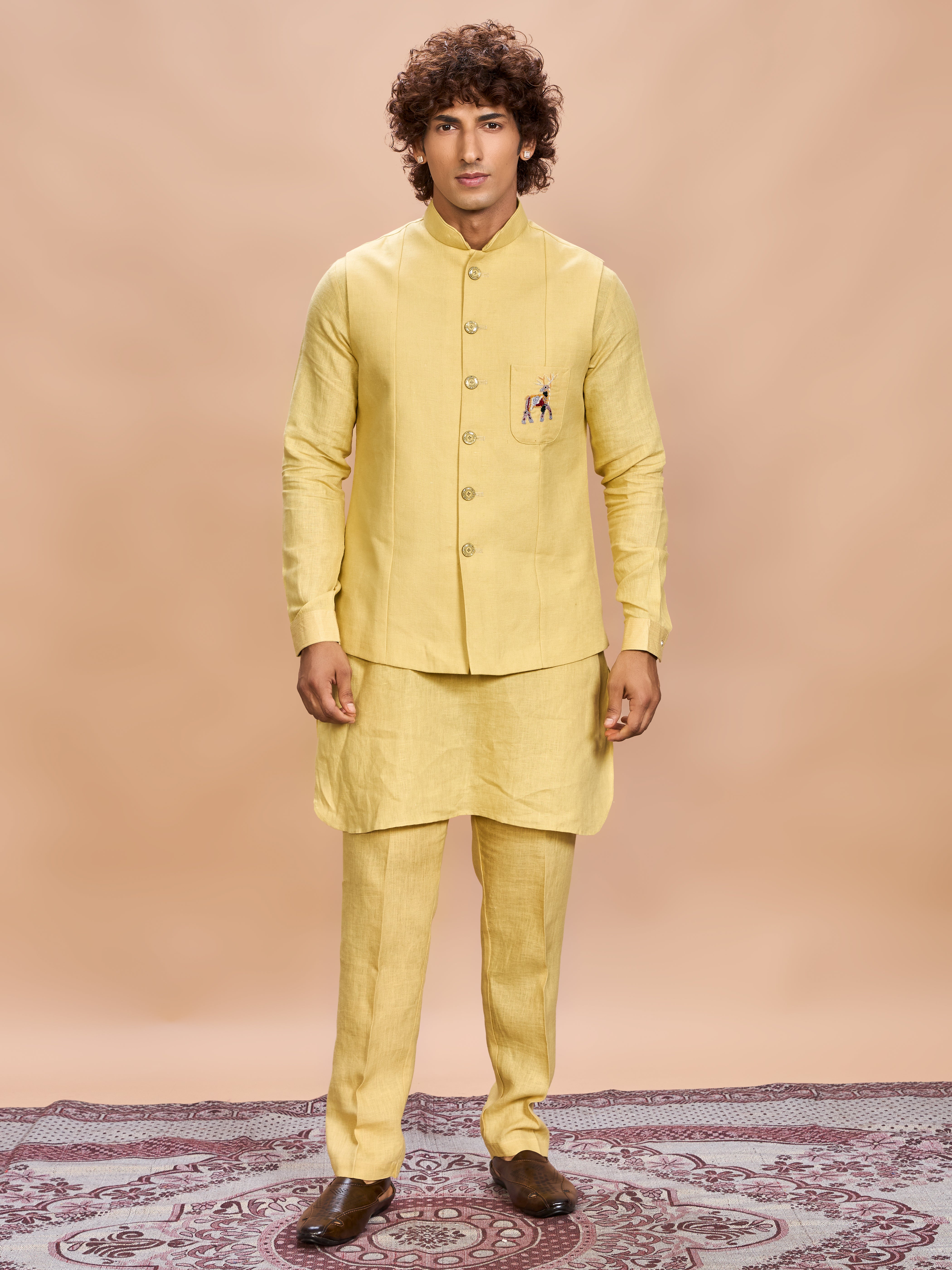 Yellow Linen Jacket Kurta Set for Men