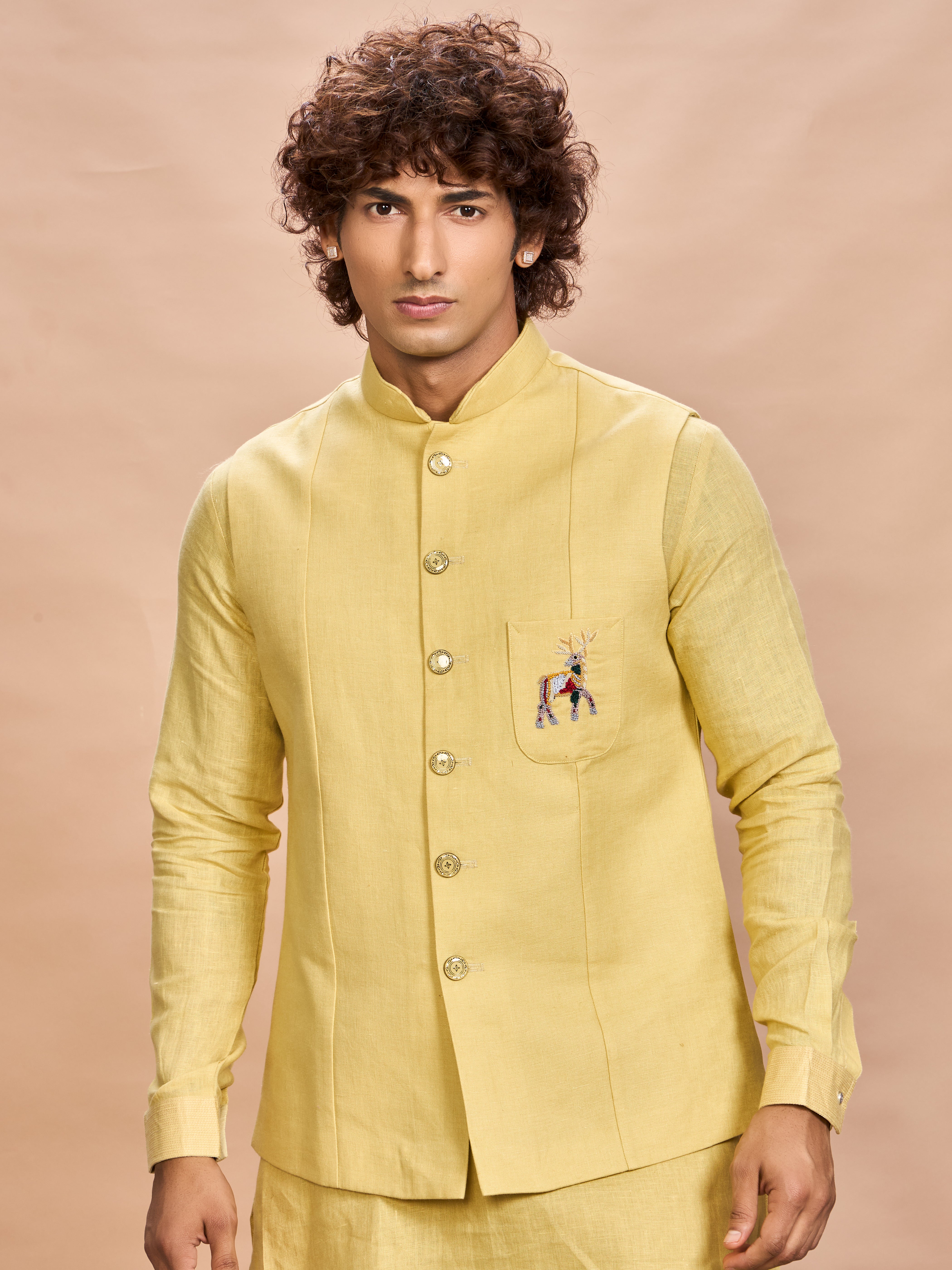 Yellow Linen Jacket Kurta Set for Men