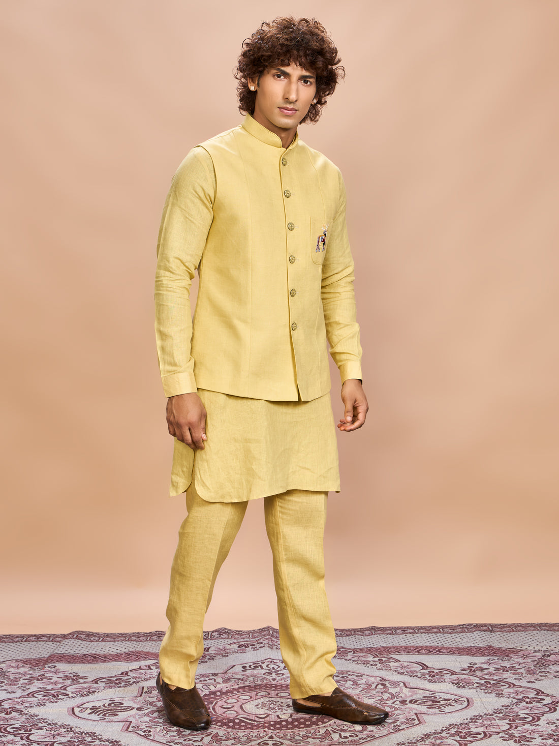 Yellow Linen Jacket Kurta Set for Men
