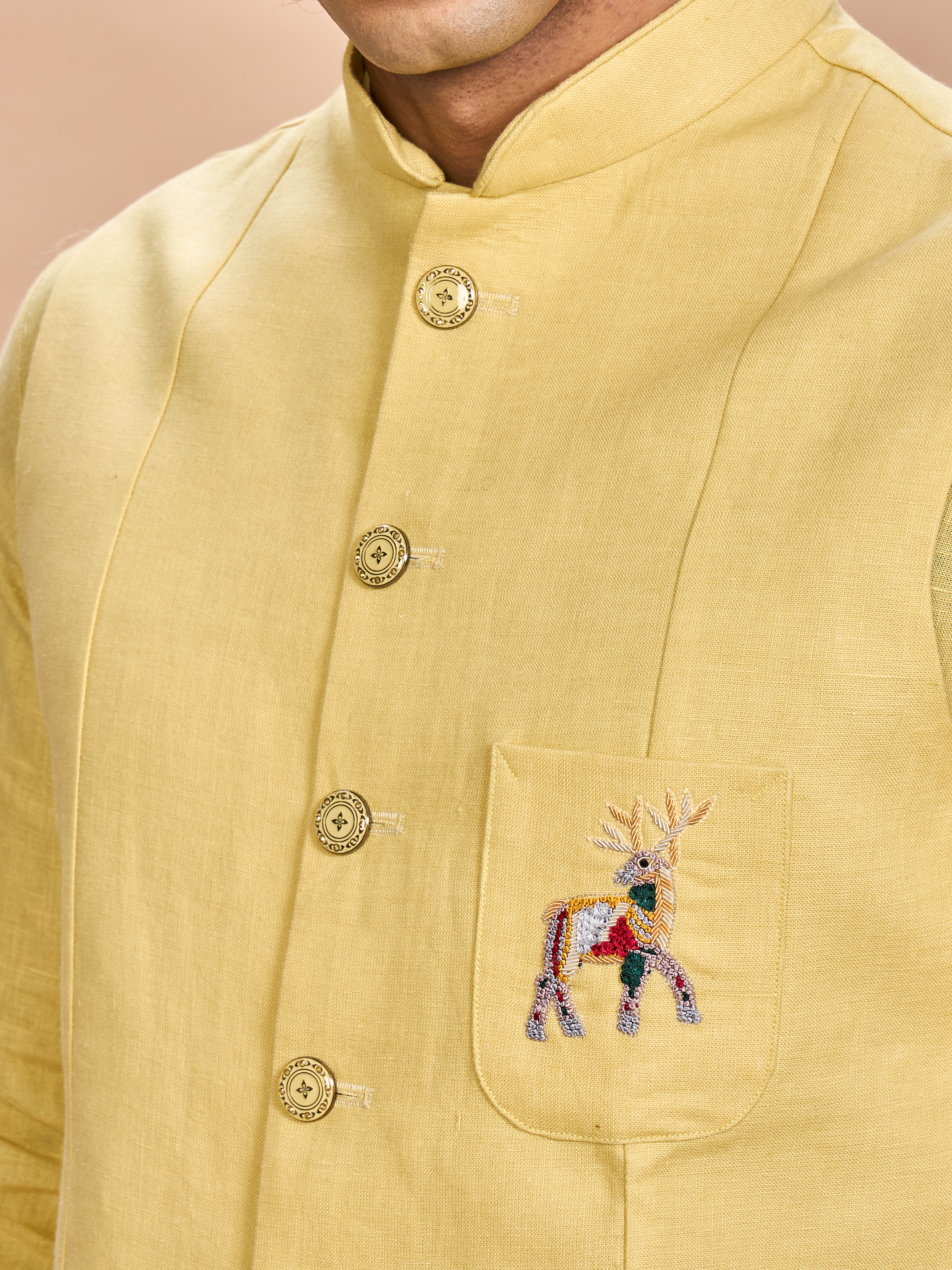 Yellow Linen Jacket Kurta Set for Men