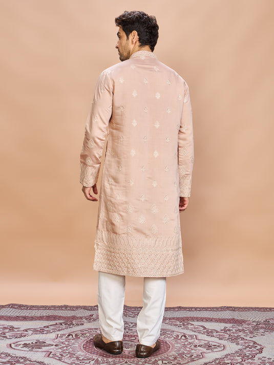 Peach Silk Embroidered Kurta Set