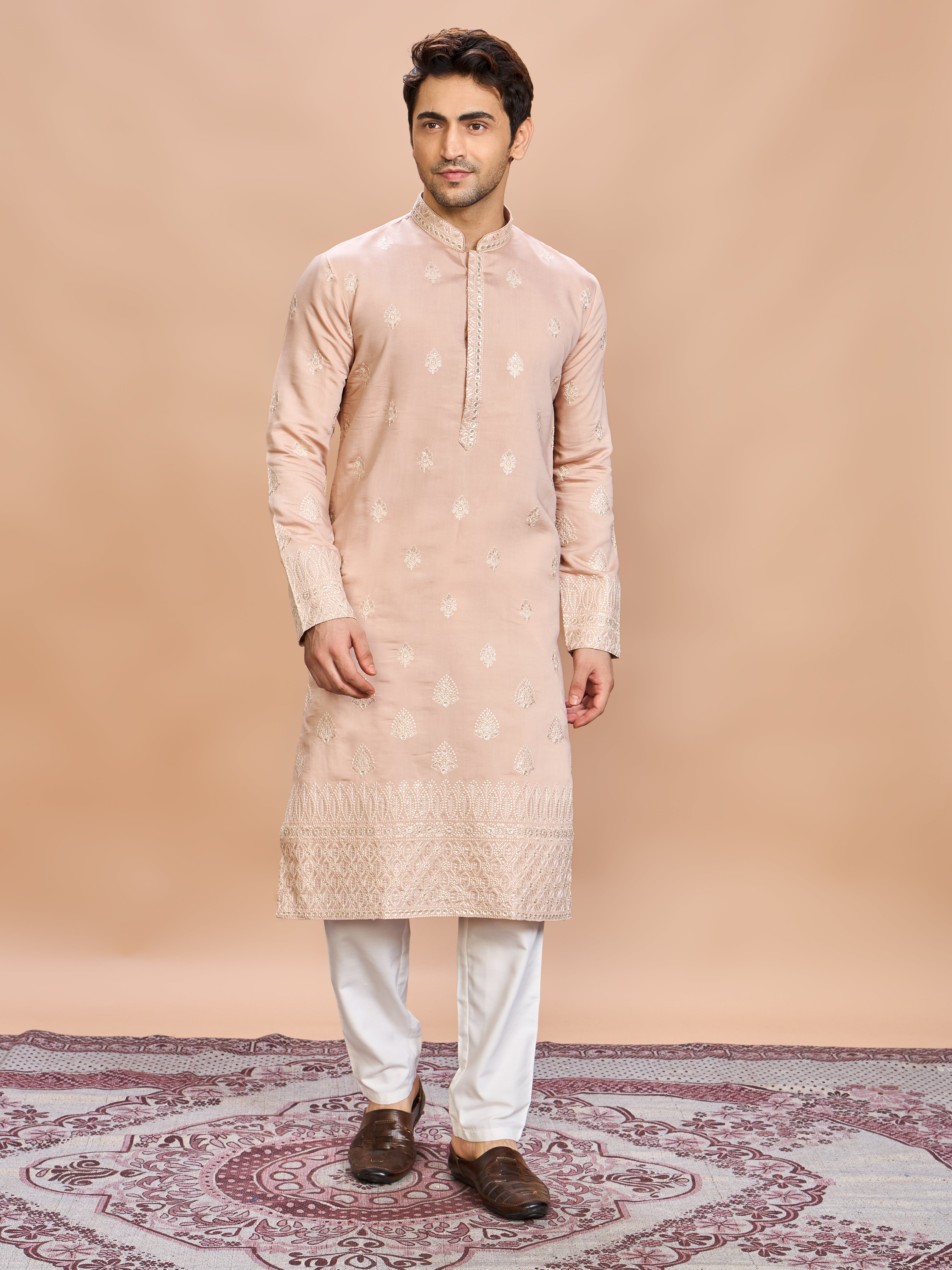 Peach Silk Embroidered Kurta Set