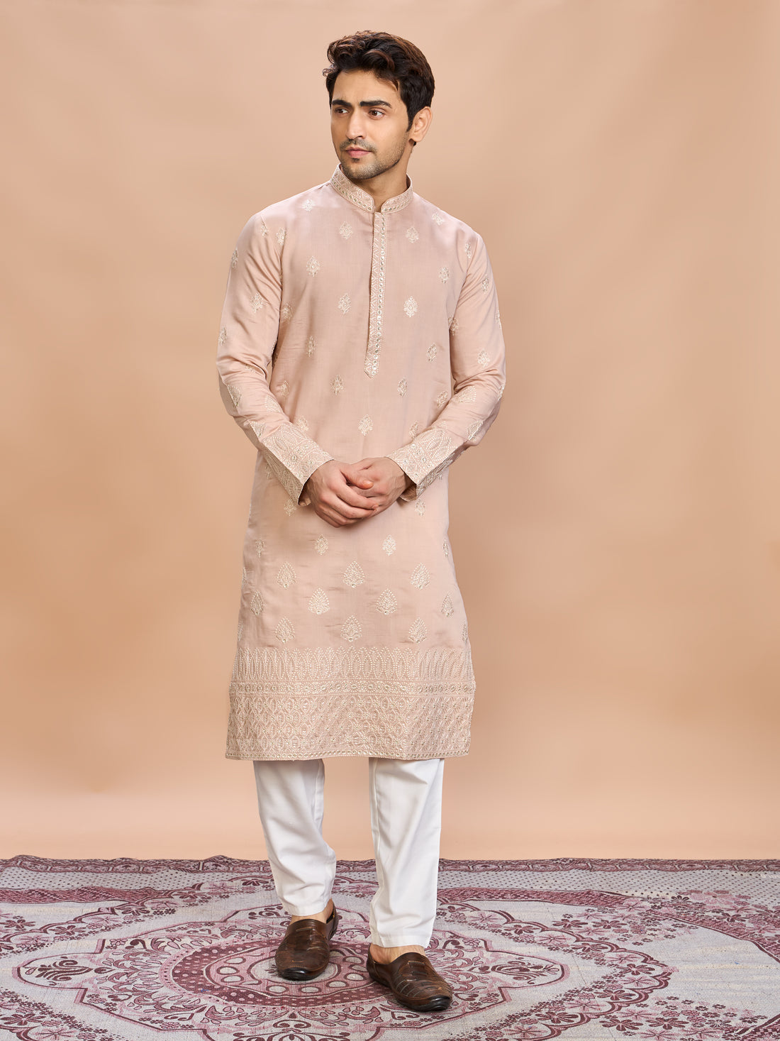 Peach Silk Embroidered Kurta Set