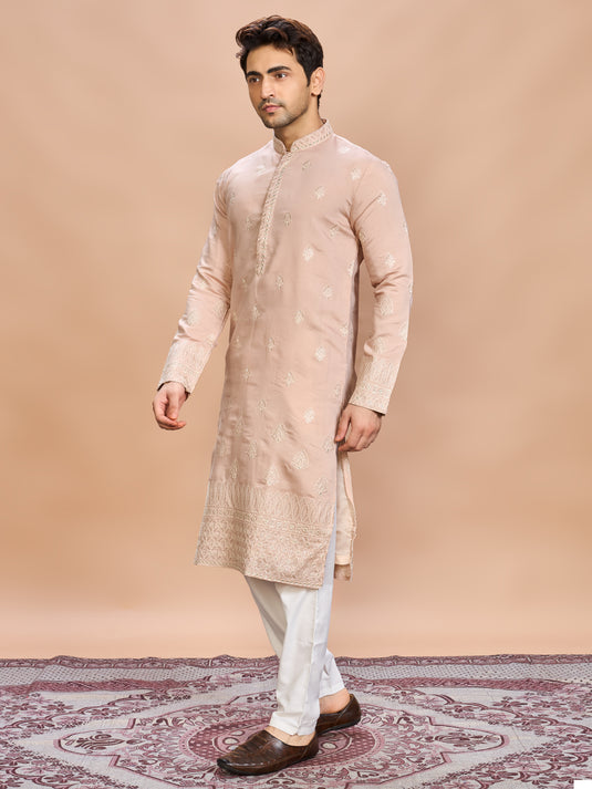 Peach Silk Embroidered Kurta Set