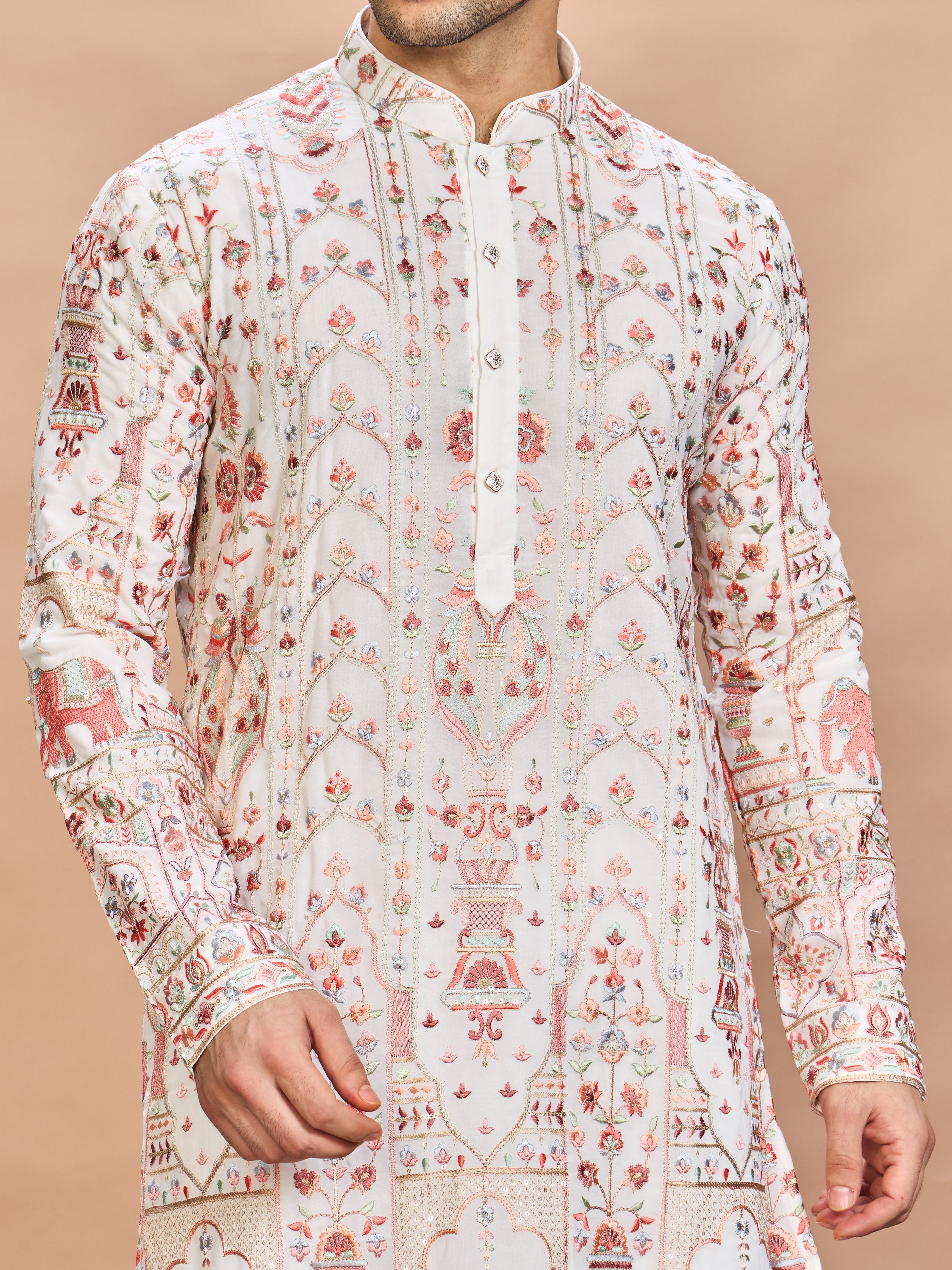 Cream Georgette Embroidered Kurta Set