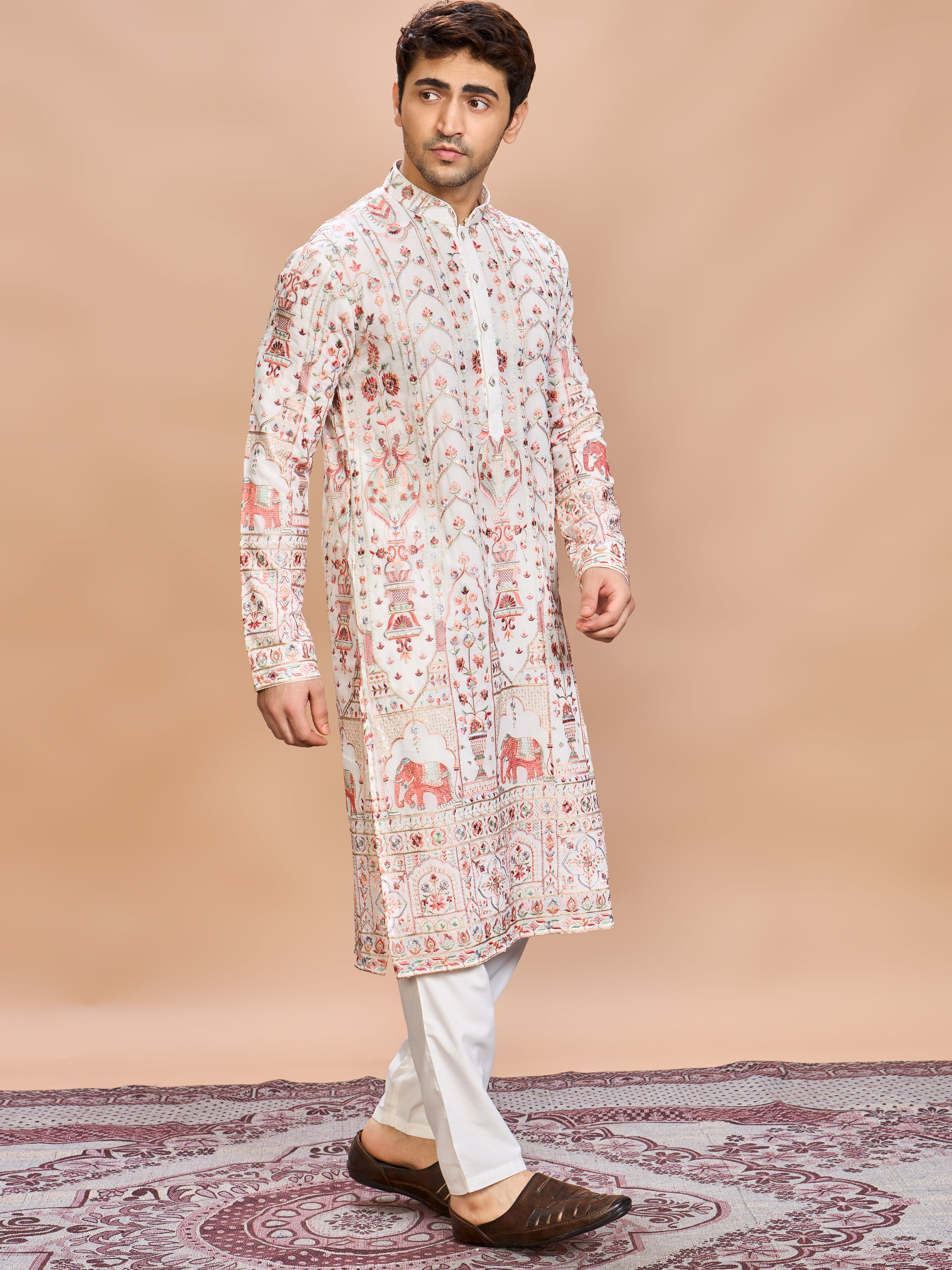 Cream Georgette Embroidered Kurta Set