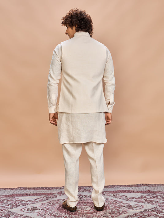 Cream Linen Jacket Kurta Set for Men