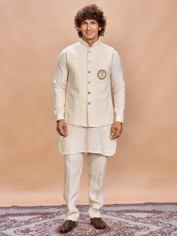Cream Linen Jacket Kurta Set for Men