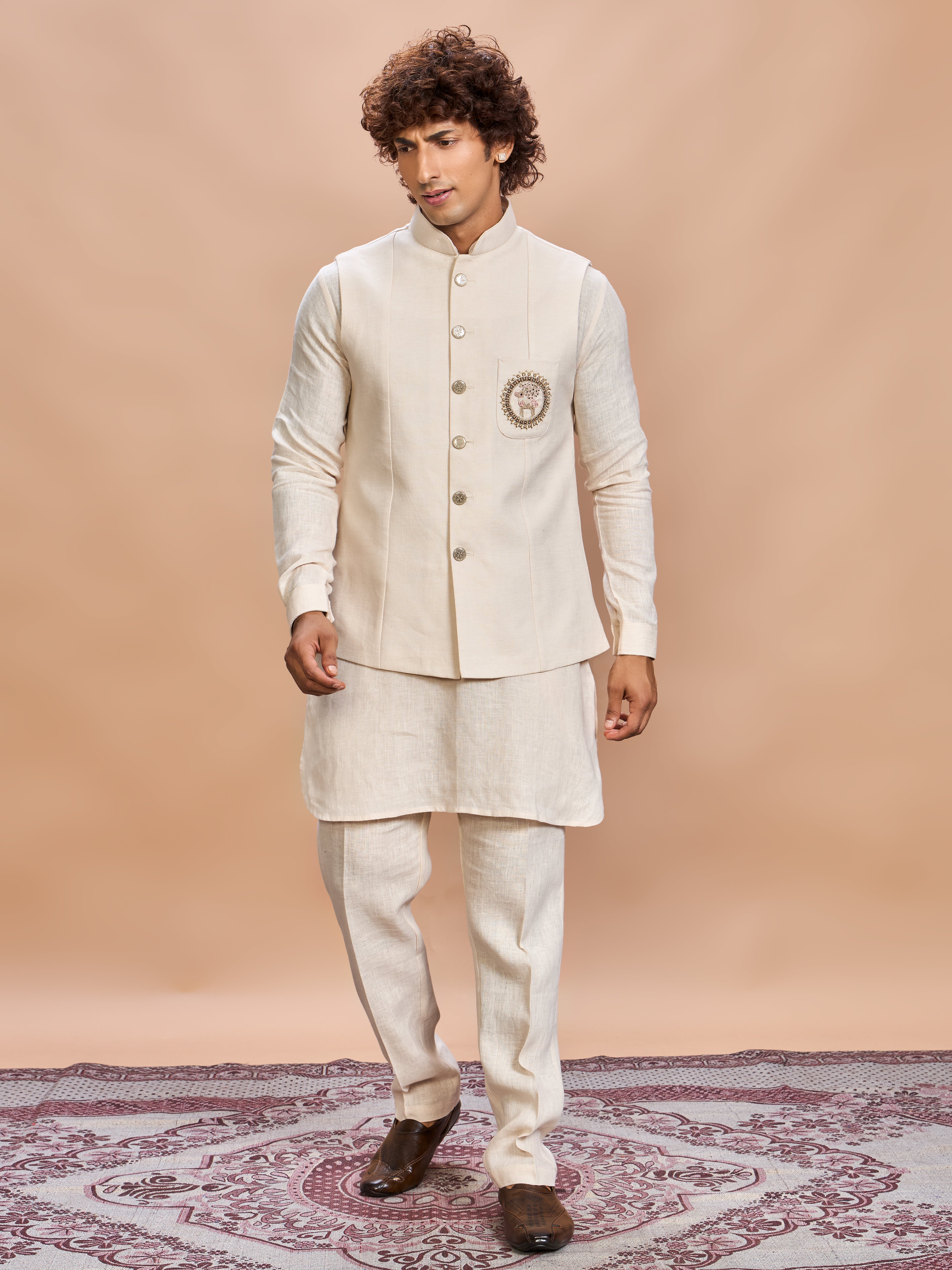 Cream Linen Jacket Kurta Set for Men