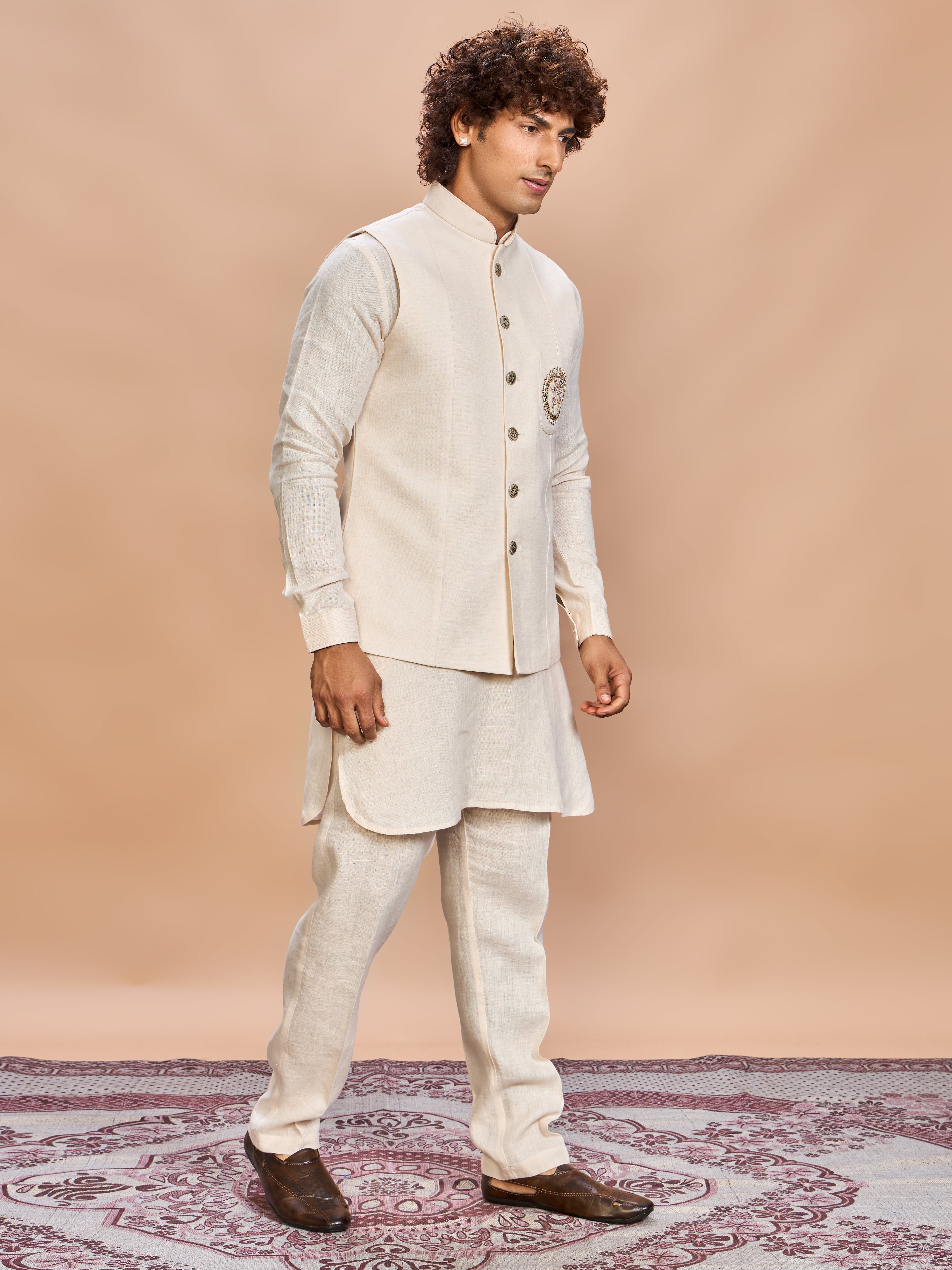 Cream Linen Jacket Kurta Set for Men