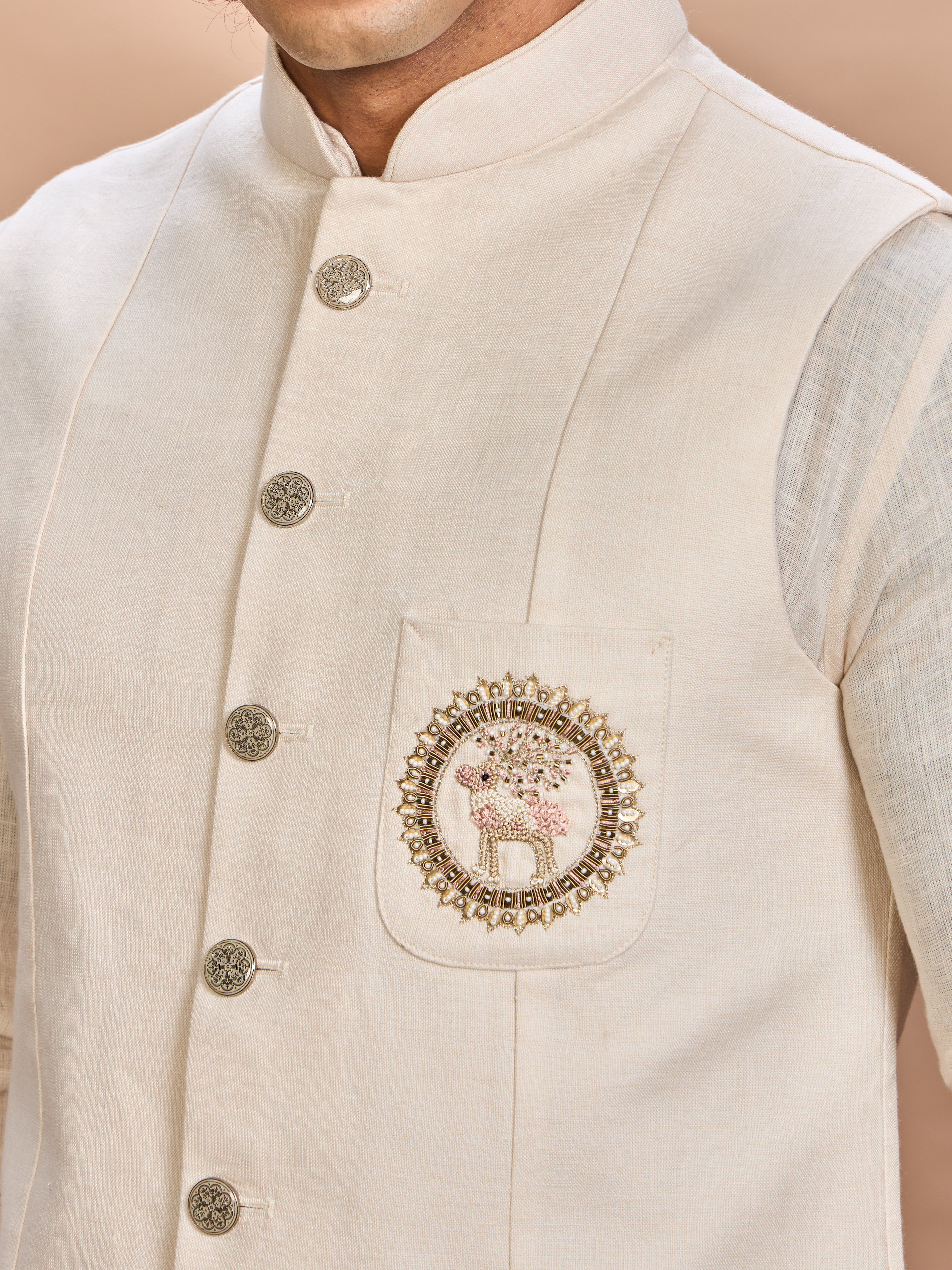 Cream Linen Jacket Kurta Set for Men