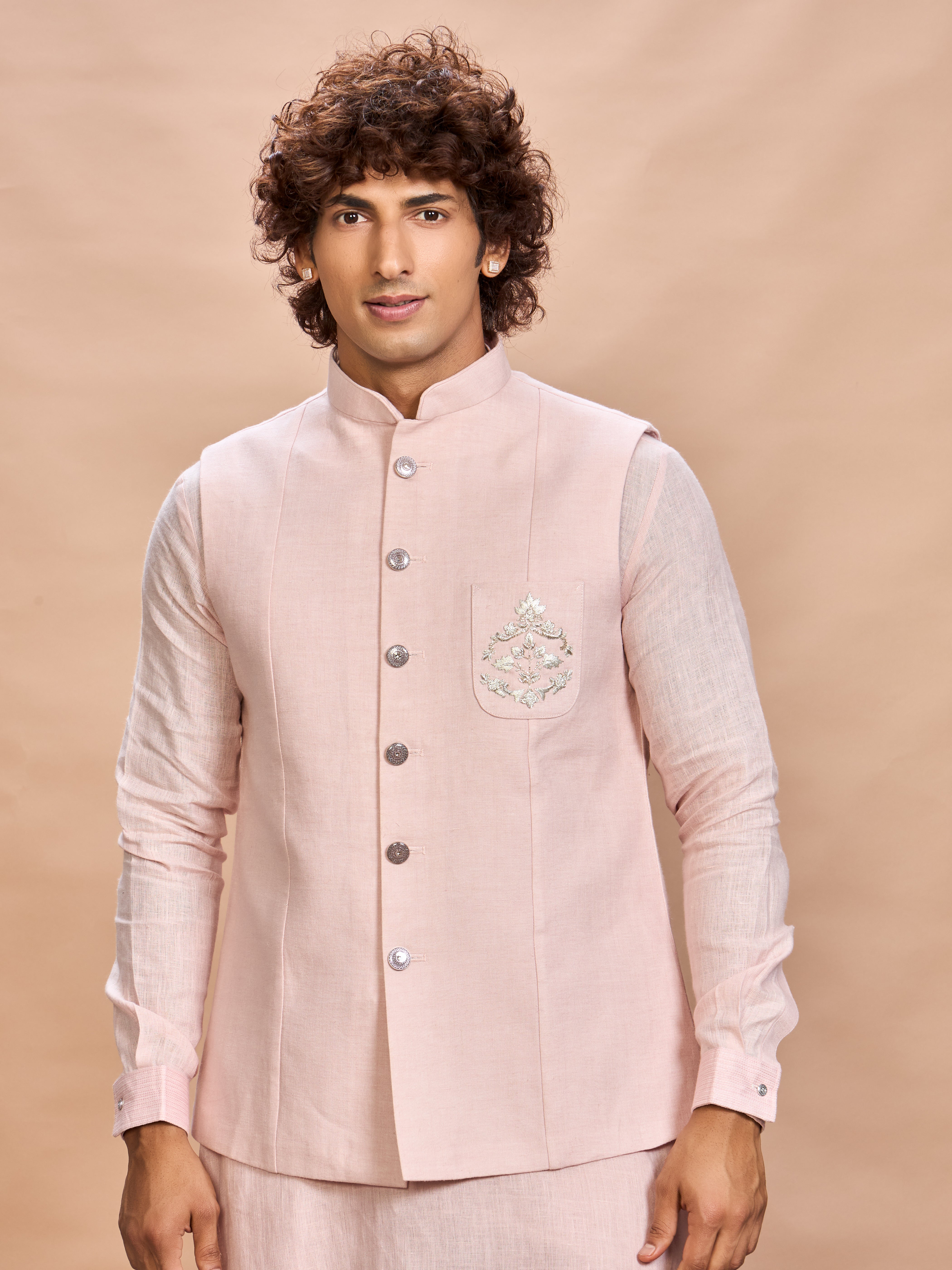 Blush Pink Linen Jacket Kurta Set for Men