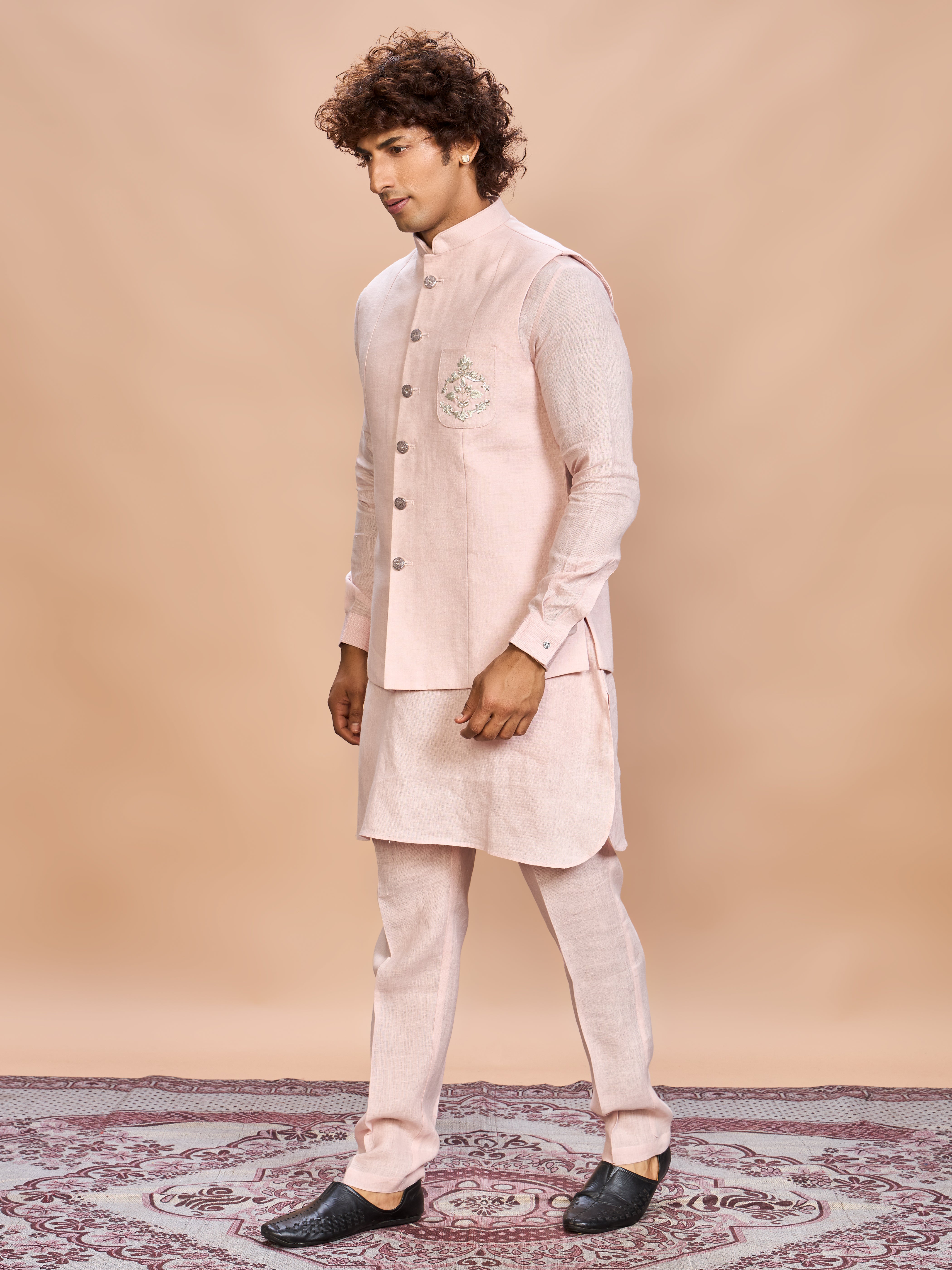 Blush Pink Linen Jacket Kurta Set for Men