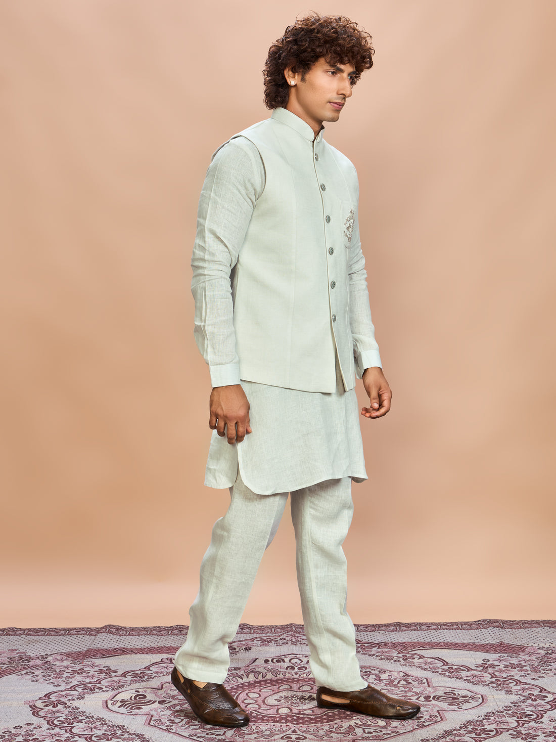 Pista Green Linen Jacket Kurta Set for Men