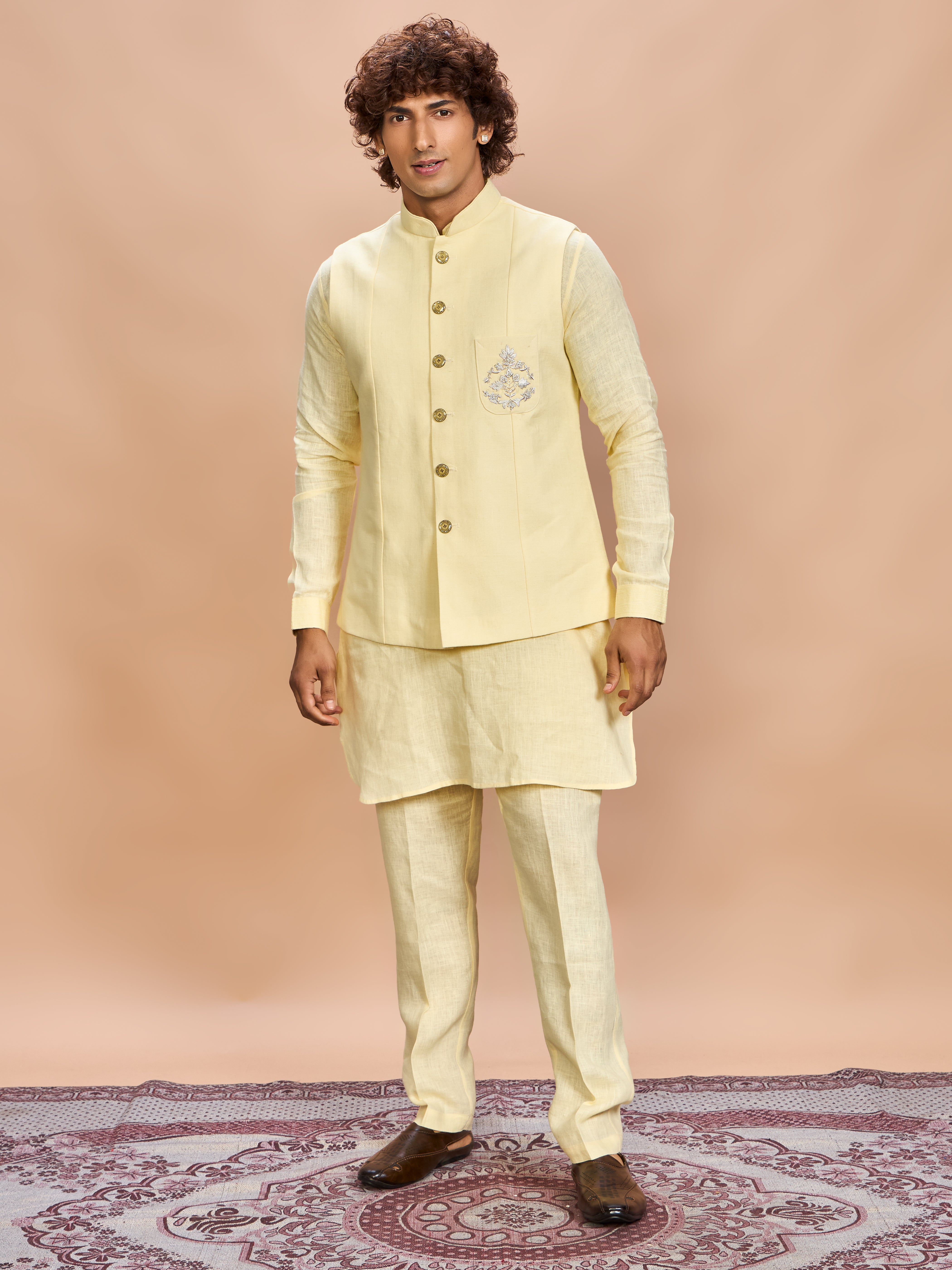 Yellow Linen Jacket Kurta Set for Men