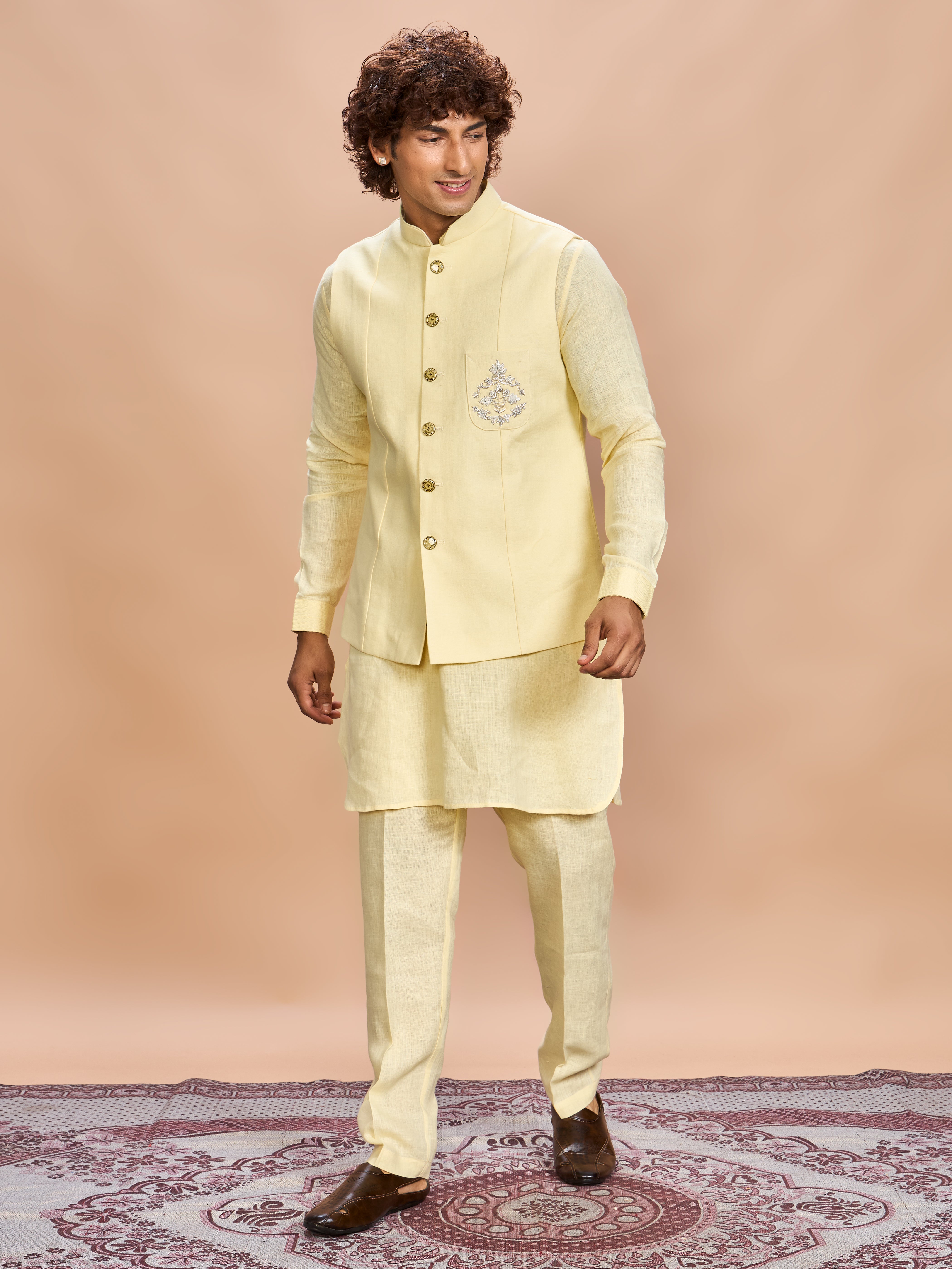Yellow Linen Jacket Kurta Set for Men