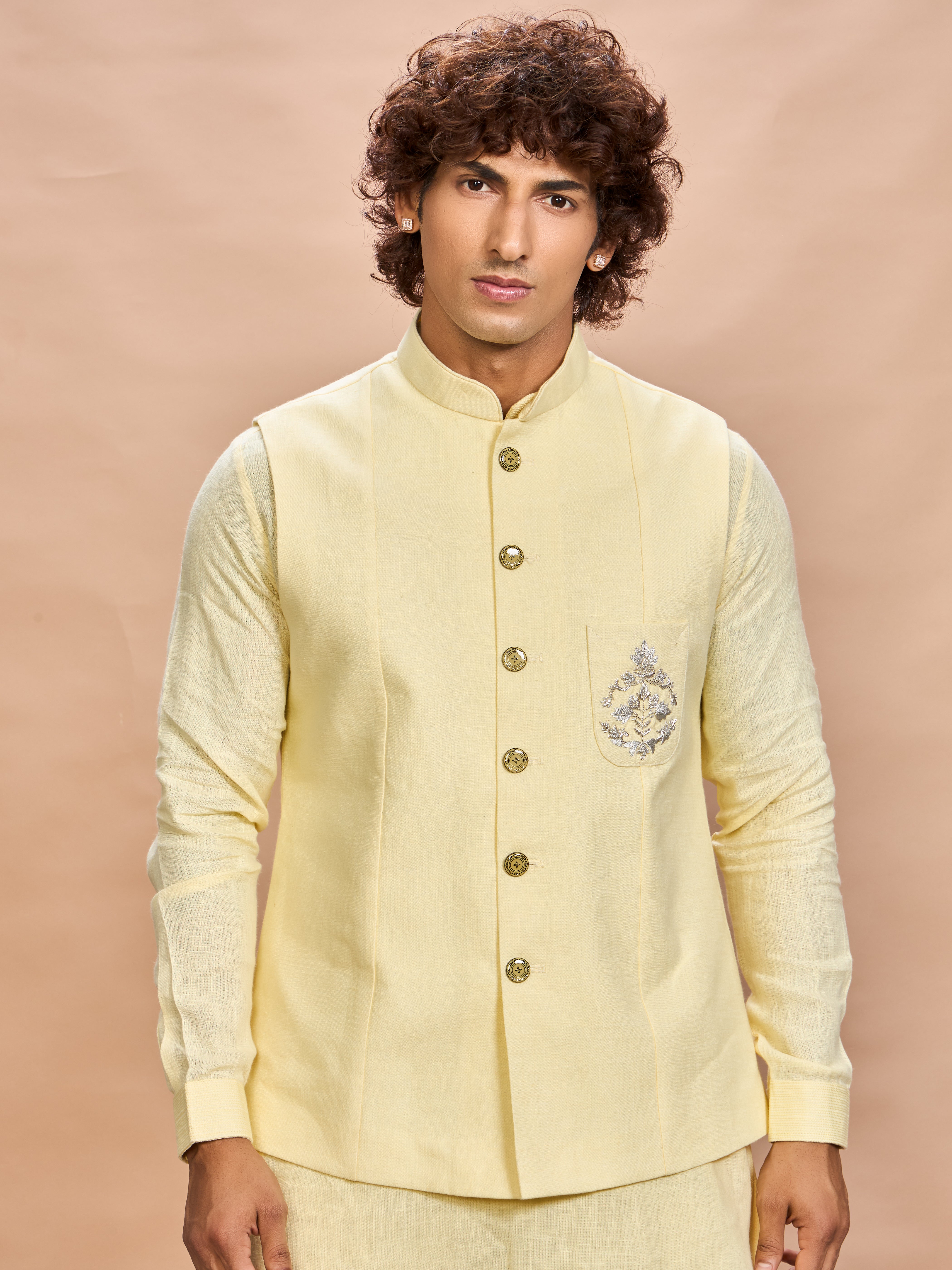 Yellow Linen Jacket Kurta Set for Men