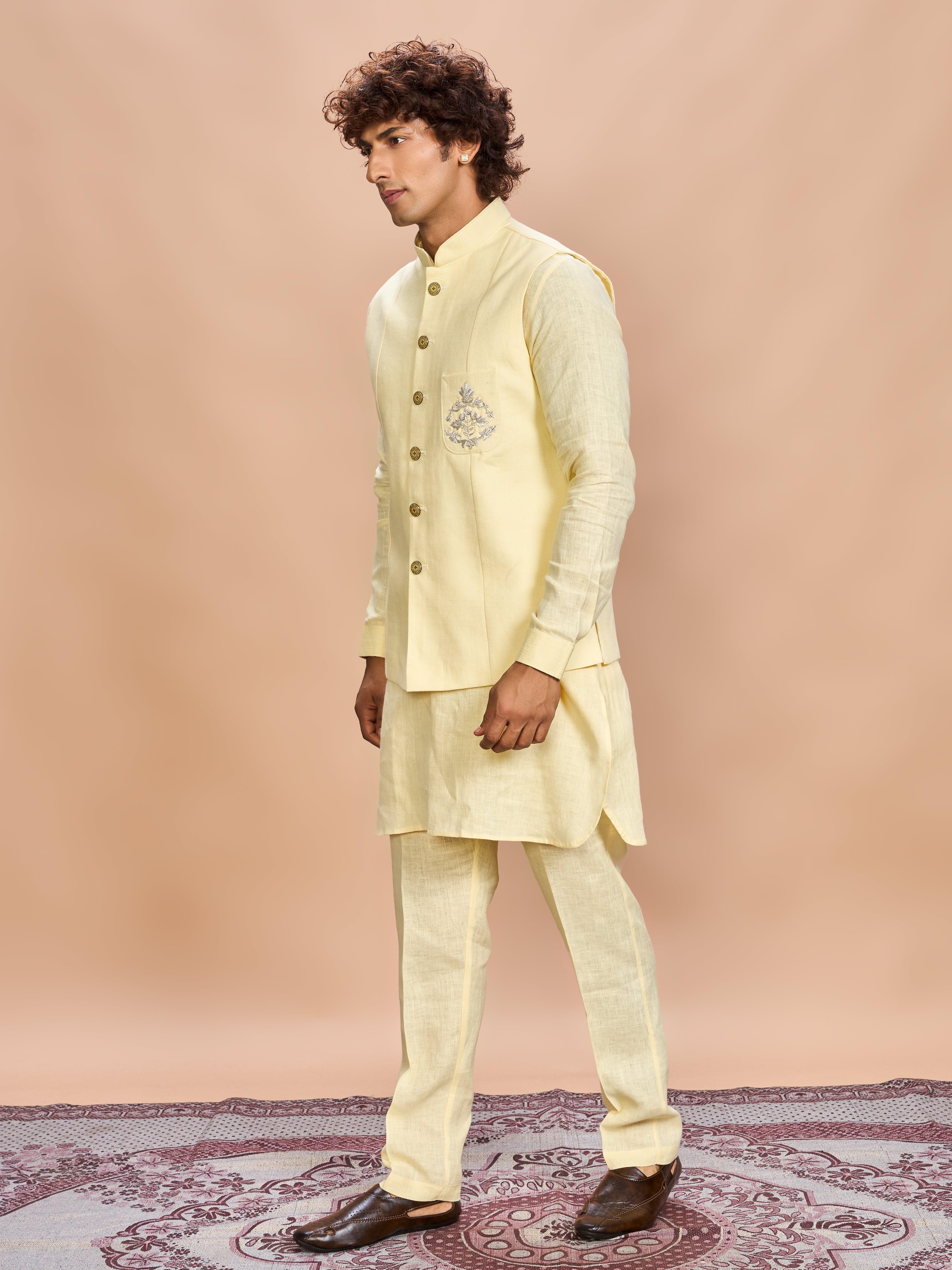 Yellow Linen Jacket Kurta Set for Men