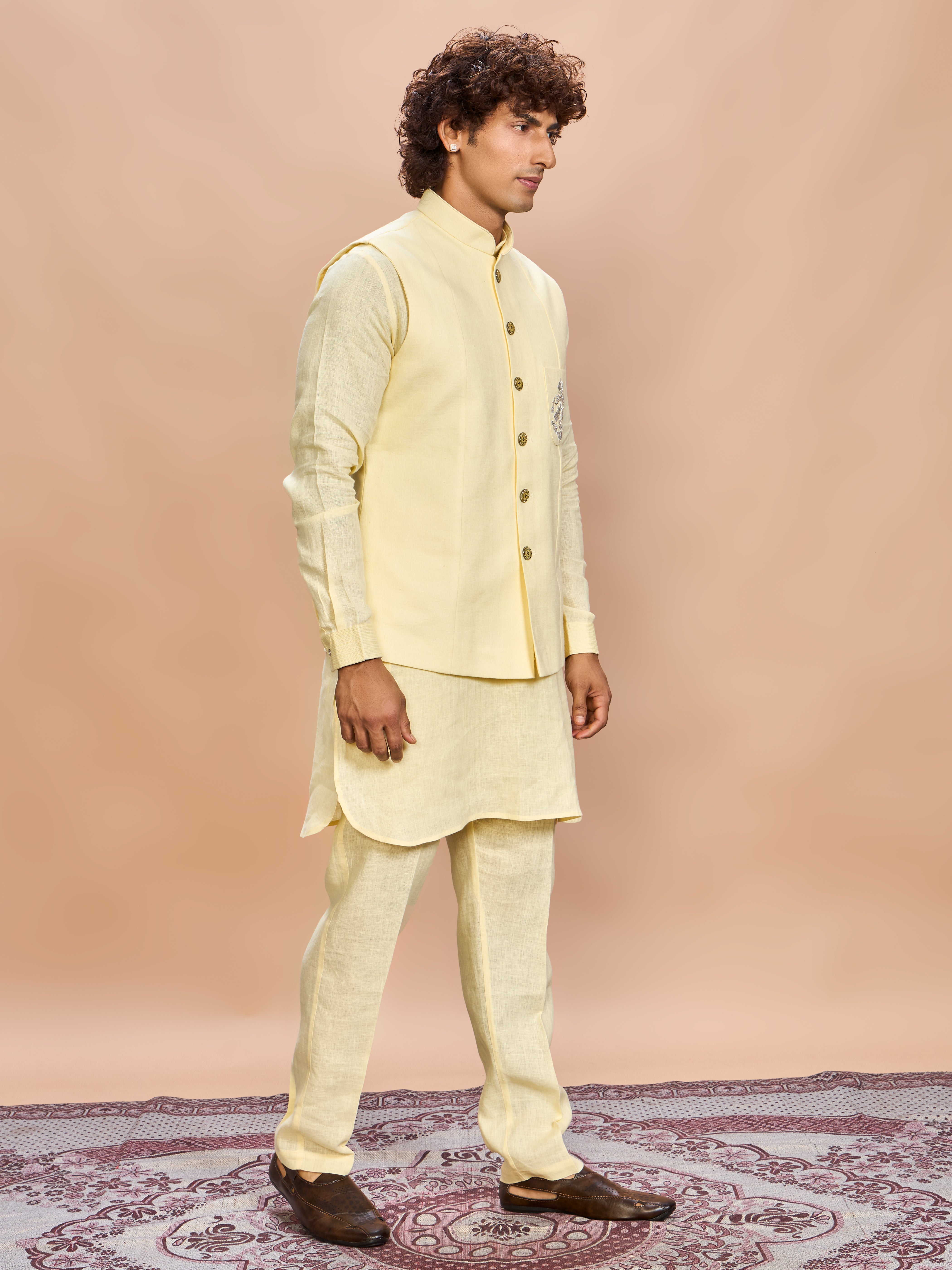 Yellow Linen Jacket Kurta Set for Men