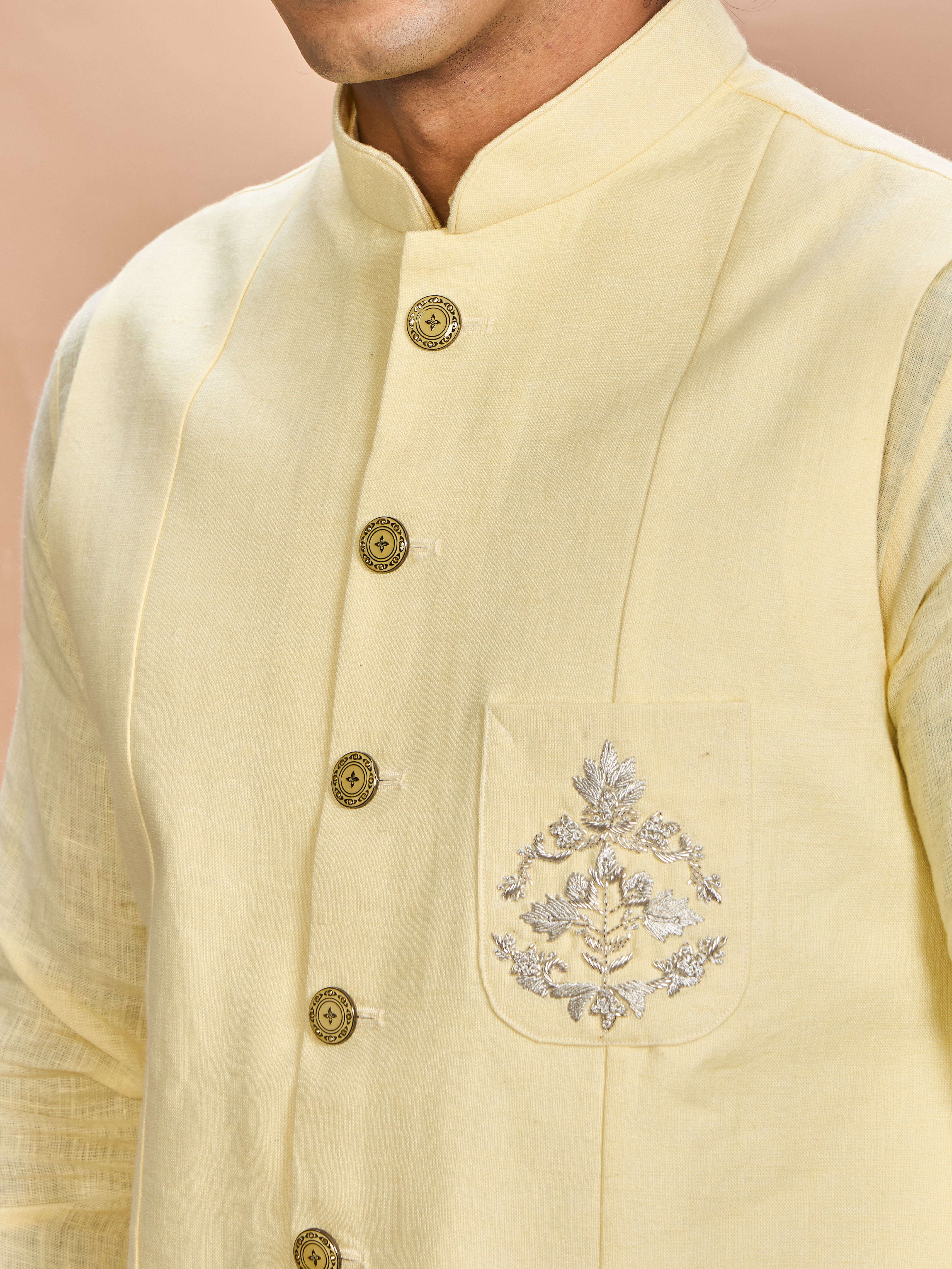 Yellow Linen Jacket Kurta Set for Men