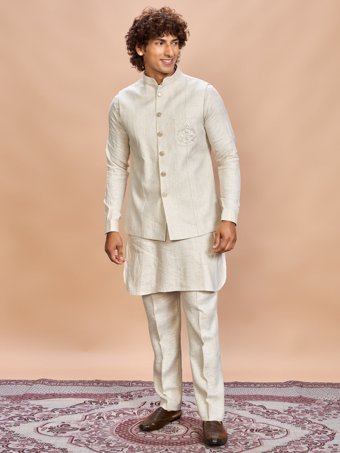 Natural Linen Jacket Kurta Set for Men