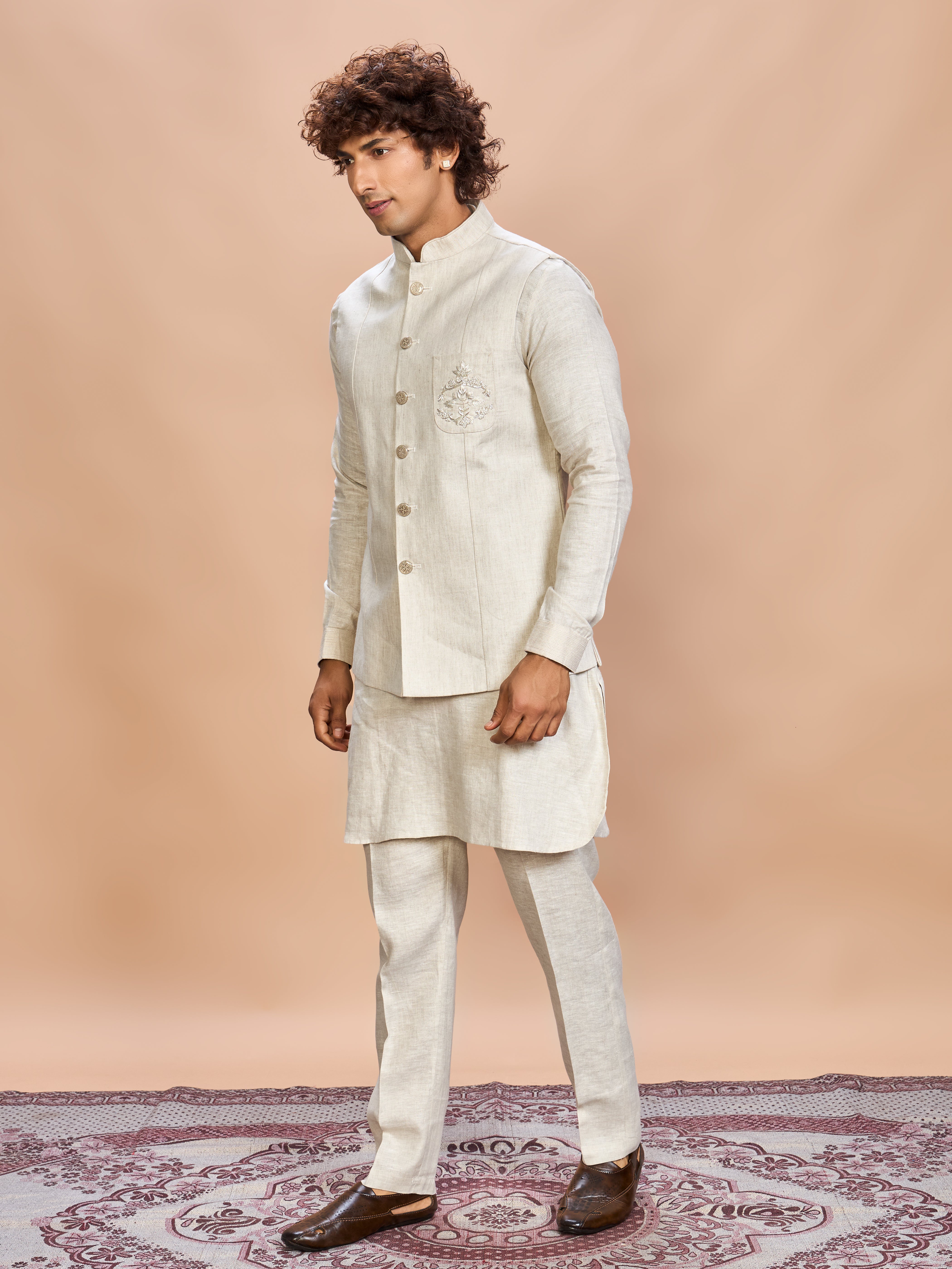 Natural Linen Jacket Kurta Set for Men