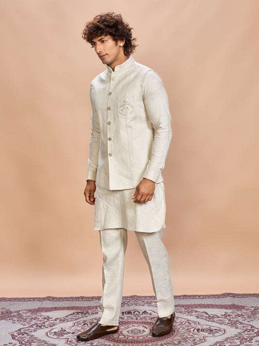 Natural Linen Jacket Kurta Set for Men